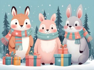 Obraz premium abstract pastel banner with cute winter animals with presents and scarfs. merry chritmas and happy new year illustration