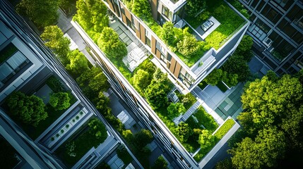 Aerial View of Modern Buildings with Green Roofs and Landscaping