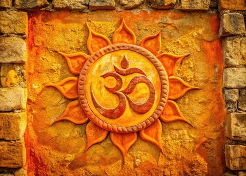 Vibrant orange and yellow hues illuminate intricate hand-painted Aum symbol on a worn stone wall, radiating spiritual energy and ancient wisdom in a serene setting.