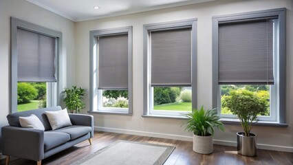 Fototapeta premium Gray blackout roller blind covering windows in modern living room with shutters on plastic window, stylish