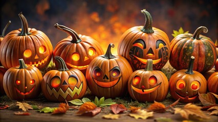 Fototapeta premium Vibrant orange pumpkins display an array of playful, spooky, and whimsical painted faces, with intricate designs and eerie grins, lit up against a dark autumnal background.
