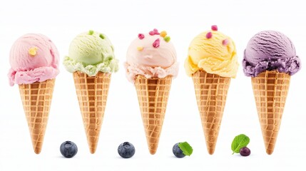 A row of ice cream cones with different flavors and toppings