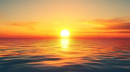 A serene sunset over calm ocean waters, featuring vibrant orange and yellow hues.