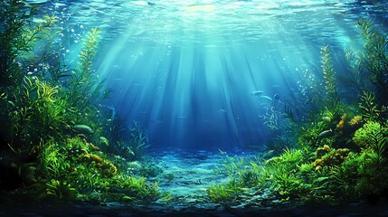 Obraz premium Lush underwater scene with vibrant plant life and beams of sunlight illuminating the seabed.
