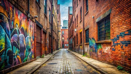 Fototapeta premium Brick street with graffiti , urban, sidewalk, street art, spray paint, cityscape, graffiti wall