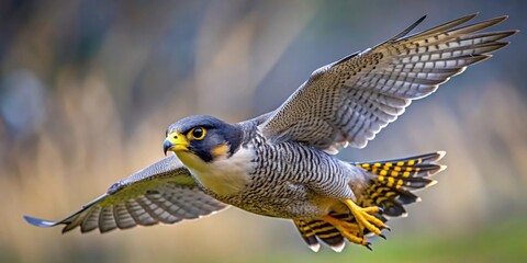 Fototapeta premium Closeup view of a peregrine falcon in mid-flight, Peregrine falcon, bird of prey, wildlife, feathers, wings, flying, predator