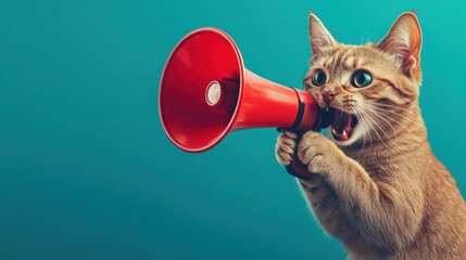 A cat is holding a red megaphone and making a loud noise