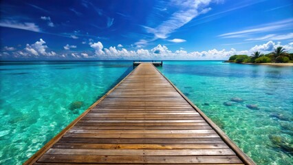 Obraz premium Wooden dock jetty pier on tropical blue ocean summer sky background, tropical, wooden, dock, jetty, pier, ocean, summer