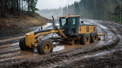 A grader parked on a muddy hillside after a heavy rain. The grader is partially submerged in the mud