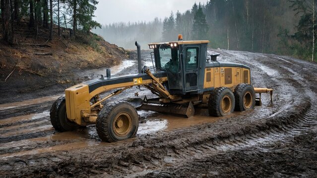 A grader parked on a muddy hillside after a heavy rain. The grader is partially submerged in the mud