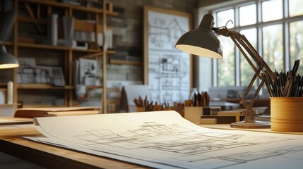 A desk with a lamp and a stack of papers