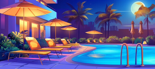 The Hotel with swimming pool, and garden, game background, Illustration