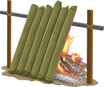 Lemang is a popular dish in Southeast Asian countries such as Indonesia, Malaysia, Singapore, and Brunei. Digital illustration vector clipart.