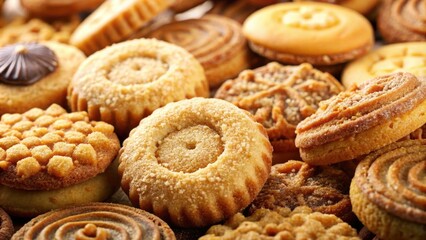 Fototapeta premium Close up of assorted cookies with golden sugar crust, cookies, different shapes, assorted, golden, sugar, crust, baking