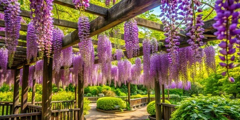 Vibrant purple wisteria flowers cascade down a traditional Japanese wooden lattice trellis, surrounded by lush green foliage, in a serene and idyllic garden setting.