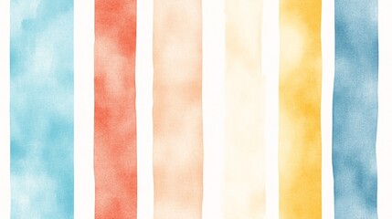 Fototapeta premium Watercolor Rainbow Stripes seamless pattern: A vibrant and cheerful background of vertical watercolor stripes in a spectrum of blue, red, orange, and yellow hues. 