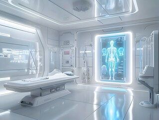 Futuristic Medical Interface with Holographic Patient Data in Sleek Titanium Casing and Minimal Blue Lighting