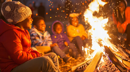 A joyful group of children gathered around warm campfire, sharing laughter and stories under night sky. flickering flames illuminate their happy faces, creating cozy atmosphere