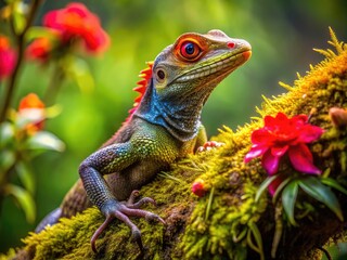 Obraz premium Vibrant red-eyed lizard perches on a moss-covered tree branch, its scaly skin glistening in dappled forest light, surrounded by lush green foliage and exotic flowers.