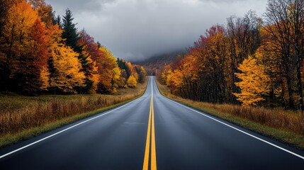 Fototapeta premium Scenic Autumn Road with Vibrant Foliage and Dramatic Sky in a Serene Forest Landscape