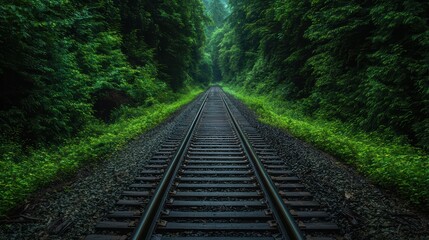 Fototapeta premium Serene Railway Track Through Lush Green Forest with Dense Foliage and Tranquil Atmosphere