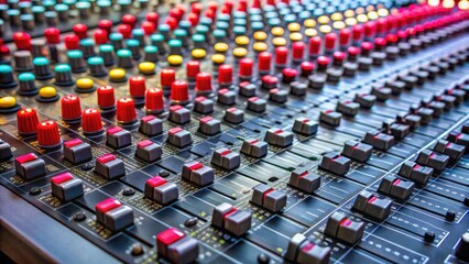 Close-up of audio adjusters and red buttons on a mixing console , mixing console