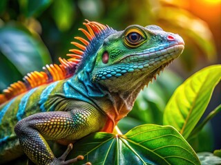 Obraz premium Vibrant sailfin lizard perches on a leaf, its brightly colored fins and scaly skin glistening in the sunlight, waiting to be taken home as a pet.