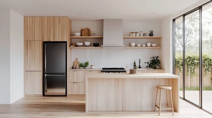 Fototapeta premium Modern Minimalist Kitchen with Wooden Cabinets and Large Windows Overlooking a Garden