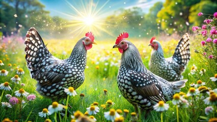 Vibrant silver-laced Sebright hens forage in a lush green meadow, their iridescent feathers glistening in the warm sunlight, surrounded by fluttering butterflies and blooming wildflowers.