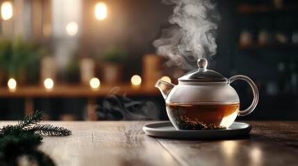 Fototapeta premium Steaming Glass Teapot on Wooden Table in Cozy Ambient Lighting with Blurred Background