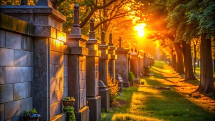 Cemetery wall glowing in the golden hour light , cemetery, wall, golden hour, sunset, dusk, peaceful, serene