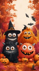 Four colorful, cartoonish monsters celebrating Halloween amidst pumpkins and autumn leaves.