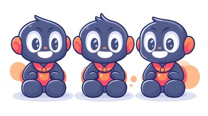 Fototapeta premium Three cute cartoon characters with cheerful expressions and colorful outfits.