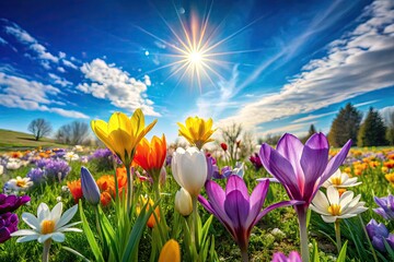 Vibrant spring flowers bloom in a lush green meadow, celebrating the arrival of April 29, a warm and sunny day full of new beginnings.