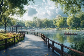 A beautiful park with a lake and a wooden bridge