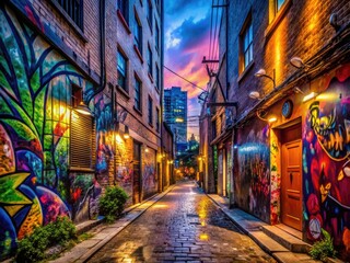 Fototapeta premium Vibrant street art illuminates a city alleyway at dusk, with bold murals and colorful tags transforming the urban landscape into a dynamic, after-dark wonderland.