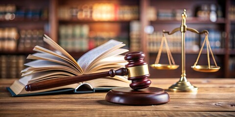 Courtroom scene with open law book and wooden gavel symbolizing justice in the legal system, Legal system, Justice