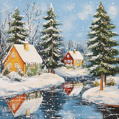 Snow-Covered Cottage in a beautiful Winter landscape