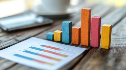 Colorful bar graphs and chart on wooden table, symbolizing business analysis and growth..