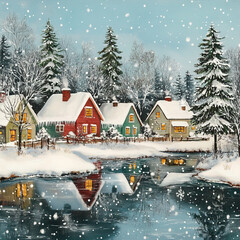 Snow-Covered Cottage in a beautiful Winter landscape