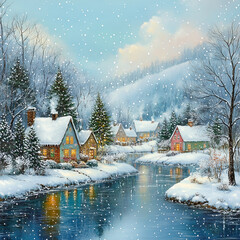 Snow-Covered Cottage in a beautiful Winter landscape