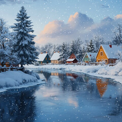 Snow-Covered Cottage in a beautiful Winter landscape