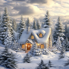 Snow-Covered Cottage in a beautiful Winter landscape