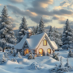 Snow-Covered Cottage in a beautiful Winter landscape