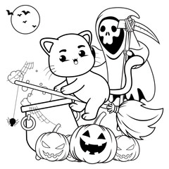 Halloween coloring page with cat for kids
