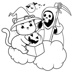 Halloween coloring page with cat for kids