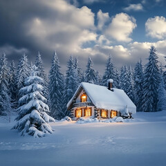 Snow-Covered Cottage in a beautiful Winter landscape
