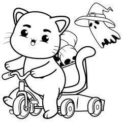 Halloween coloring page with cat for kids