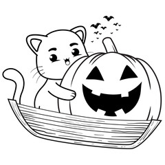 Halloween coloring page with cat for kids