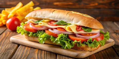 Sandwich with fries, egg, ham, cheese, tomato, and lettuce on French bread, Milanese, sandwich, fries, mayo, egg, ham, cheese